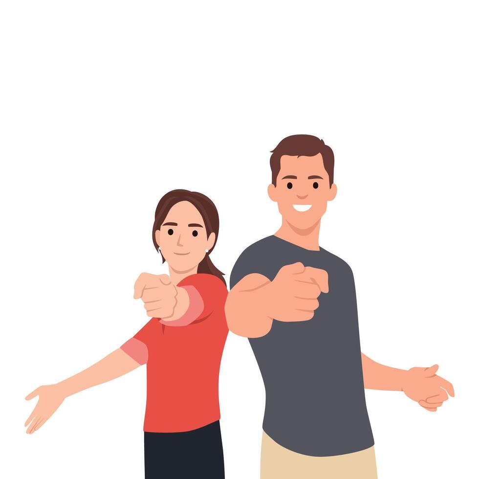 Caucasian young spouses couple pointing at camera, choosing you for new opportunities. vector