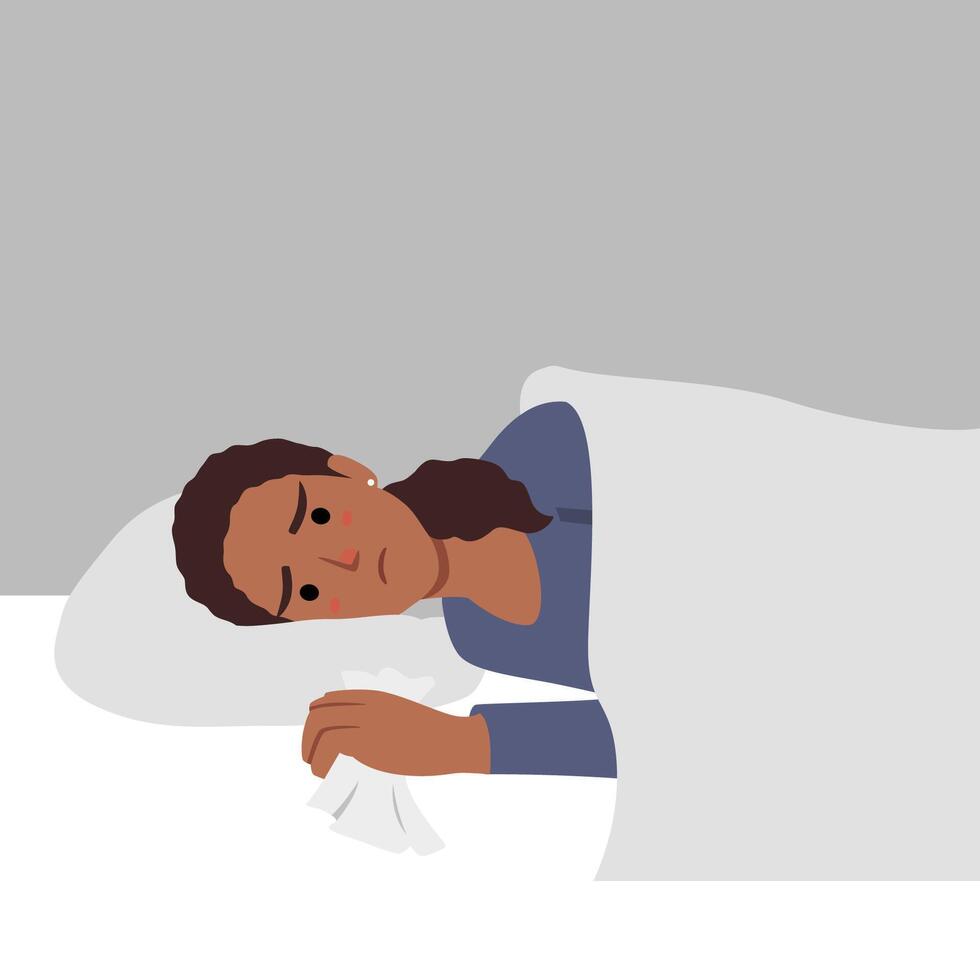 Flu woman lying in bed under blanket with sleeping red cat. Young girl have autumn or winter seasonal cold respiratory infection disease vector