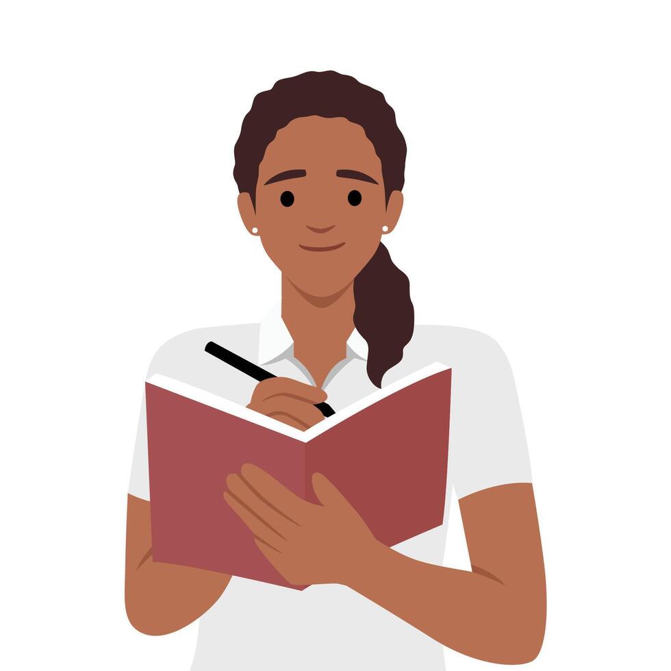 joven sonriente mujer sentado escritura en blanco cuaderno vector