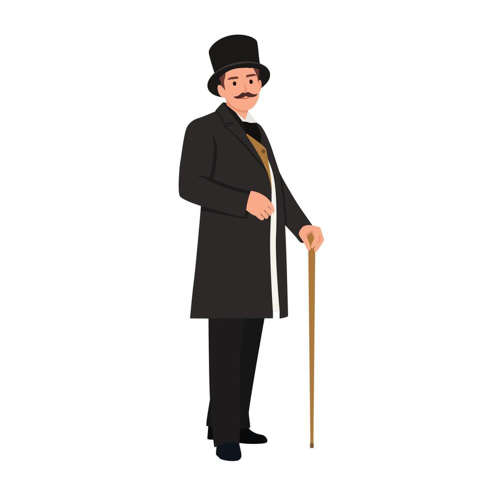 Elegant proud man of the nineteenth century. The gentleman in a frock coat and a top hat, holds a cane in hand. vector