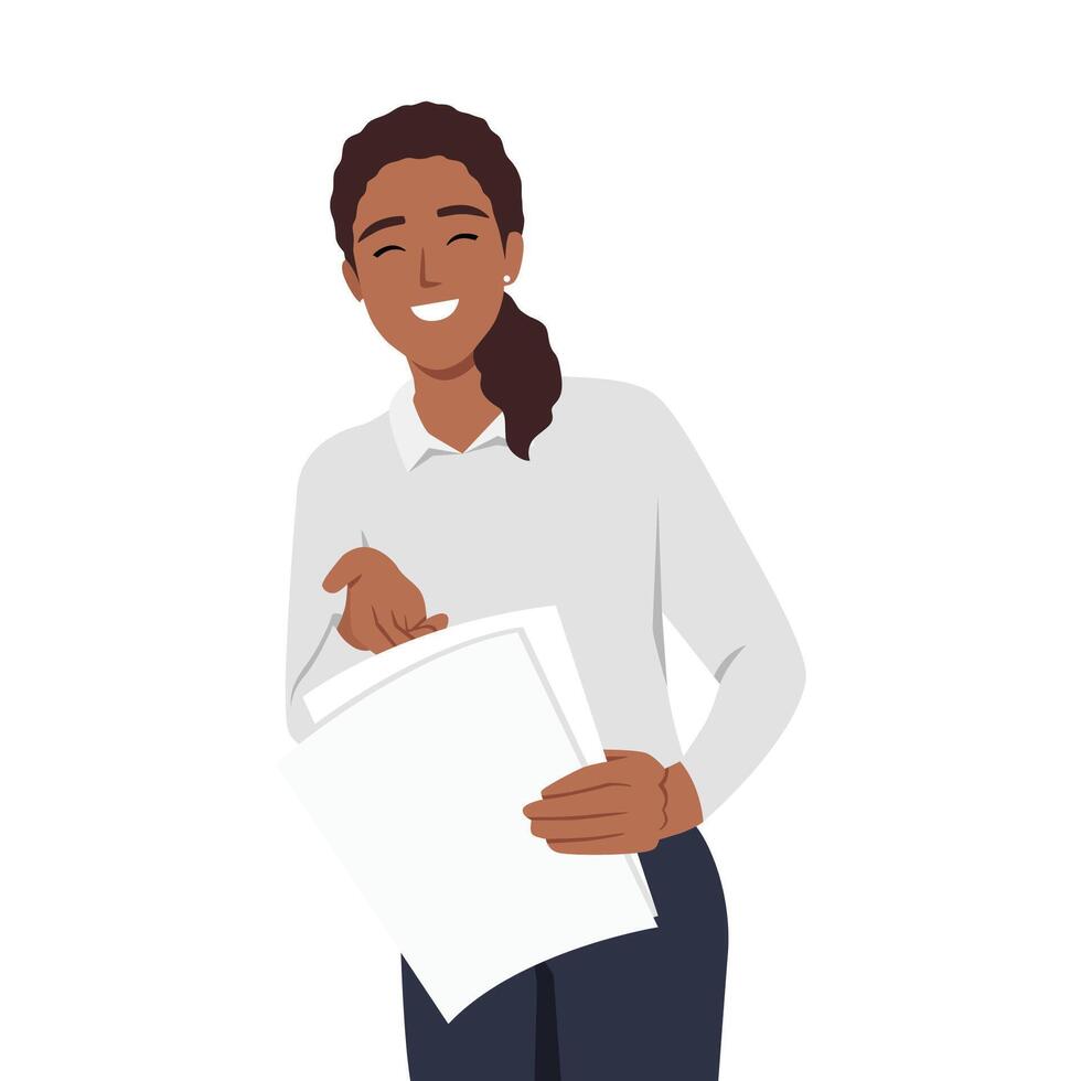 Young businesswoman clerk or manager company employee stands with documents. vector