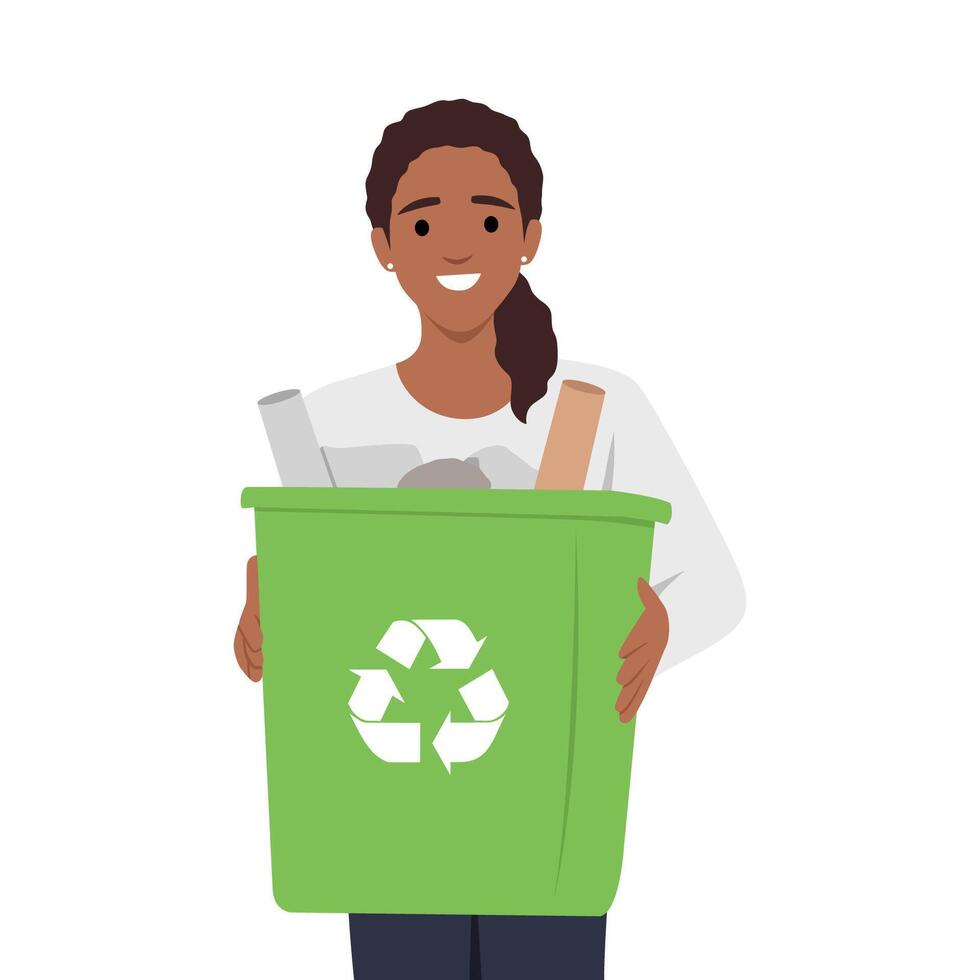 Smiling woman holding a trash can with plastic bottles. vector