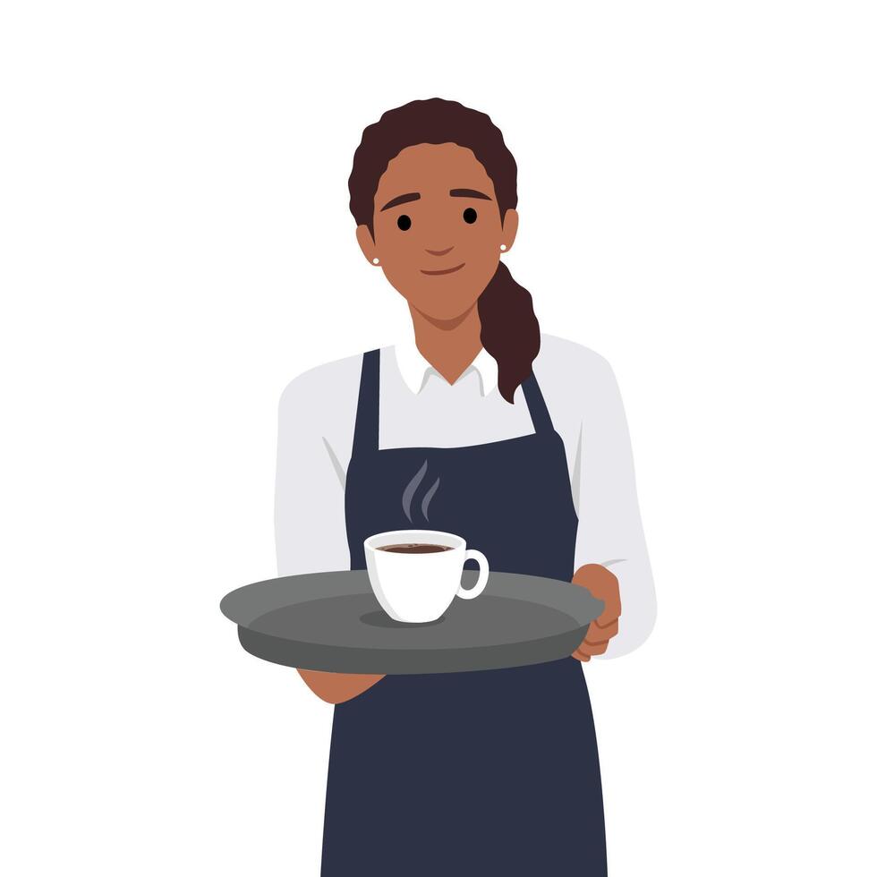 Young waitress holding a tray with two cups of tea or coffee. vector