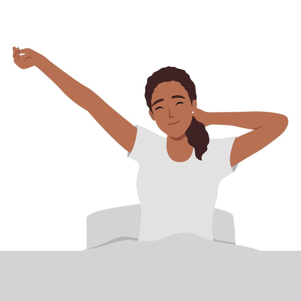 Woman stretching in bed after waking up, entering a day happy and relaxed after good night sleep. vector