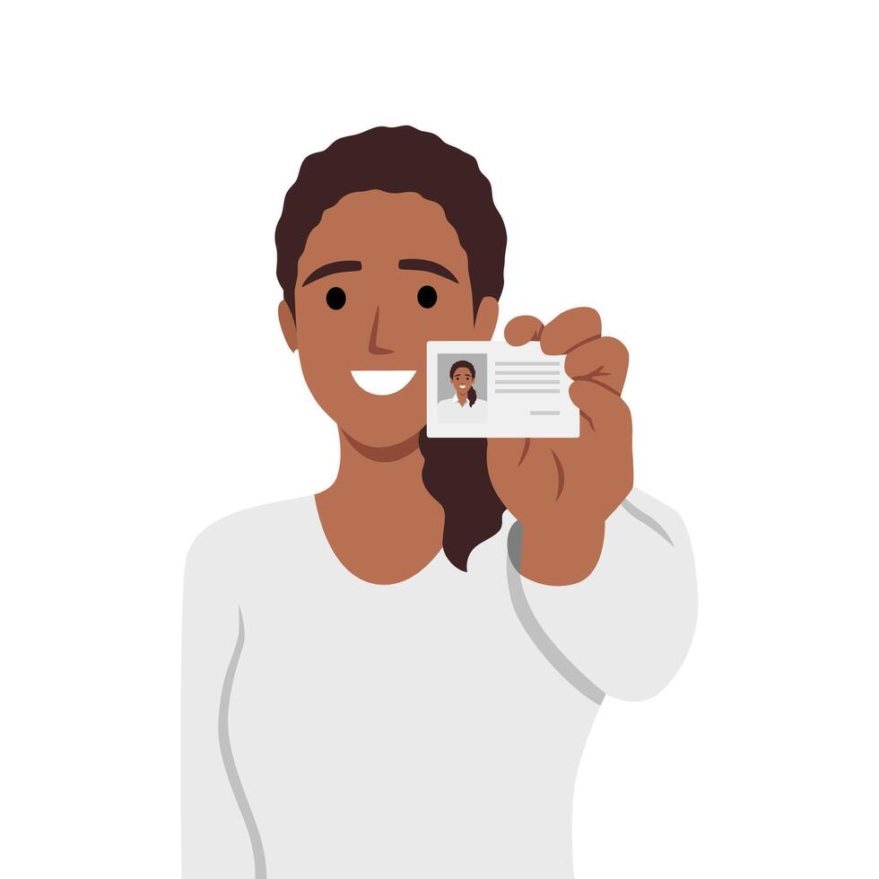 Positive woman shows badge with photo of personal data issued for use in office of corporation. vector