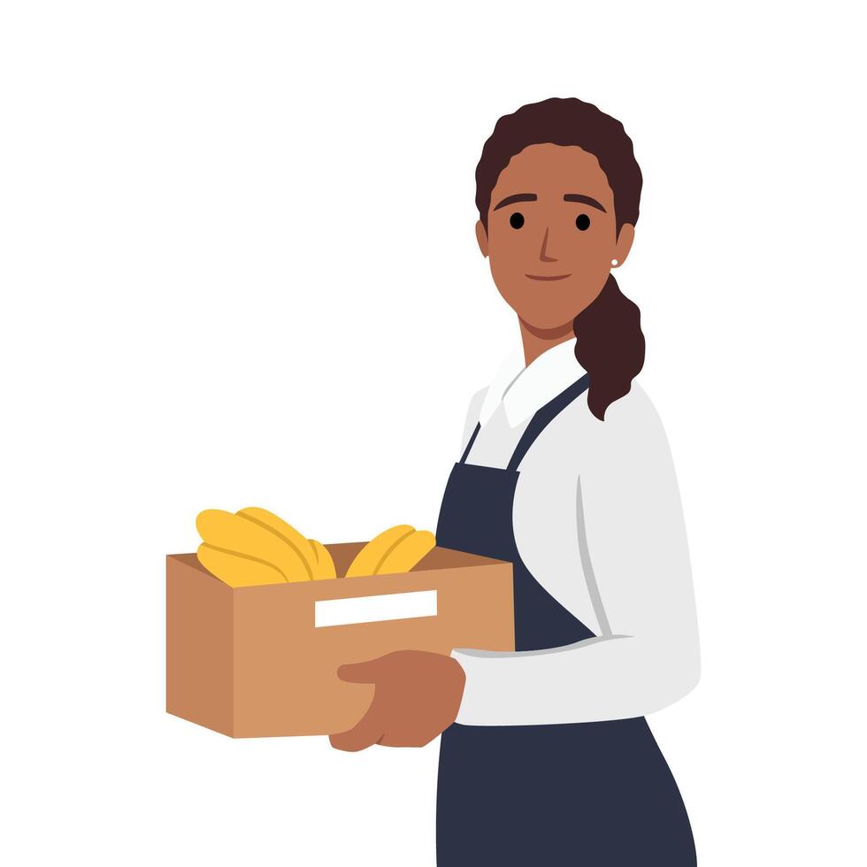 verdulero de venta frutas joven negro mujer participación caja de banana. vector
