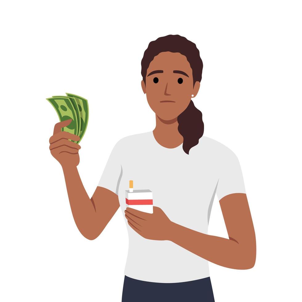 Woman holding cigarette box and money on other hand. Thinking how much money she spent over unhealthy cigarette. Stop smoking. vector