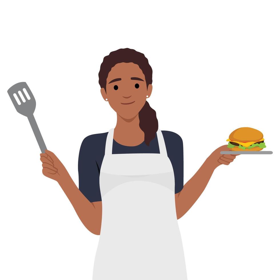 Chef cook tasty hamburger with cheese, tomato and beef. vector