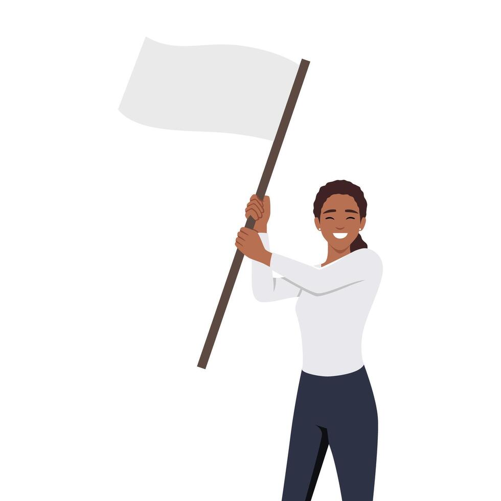 mujer con blanco bandera plantilla, publicidad concepto. joven sonriente negocio mujer niña participación blanco bandera. vector