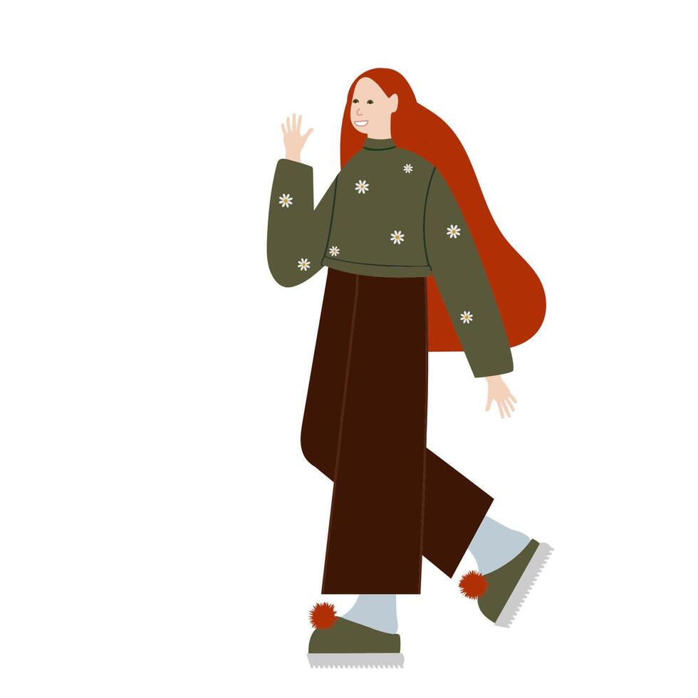 mujer con largo rojo pelo caminando vector