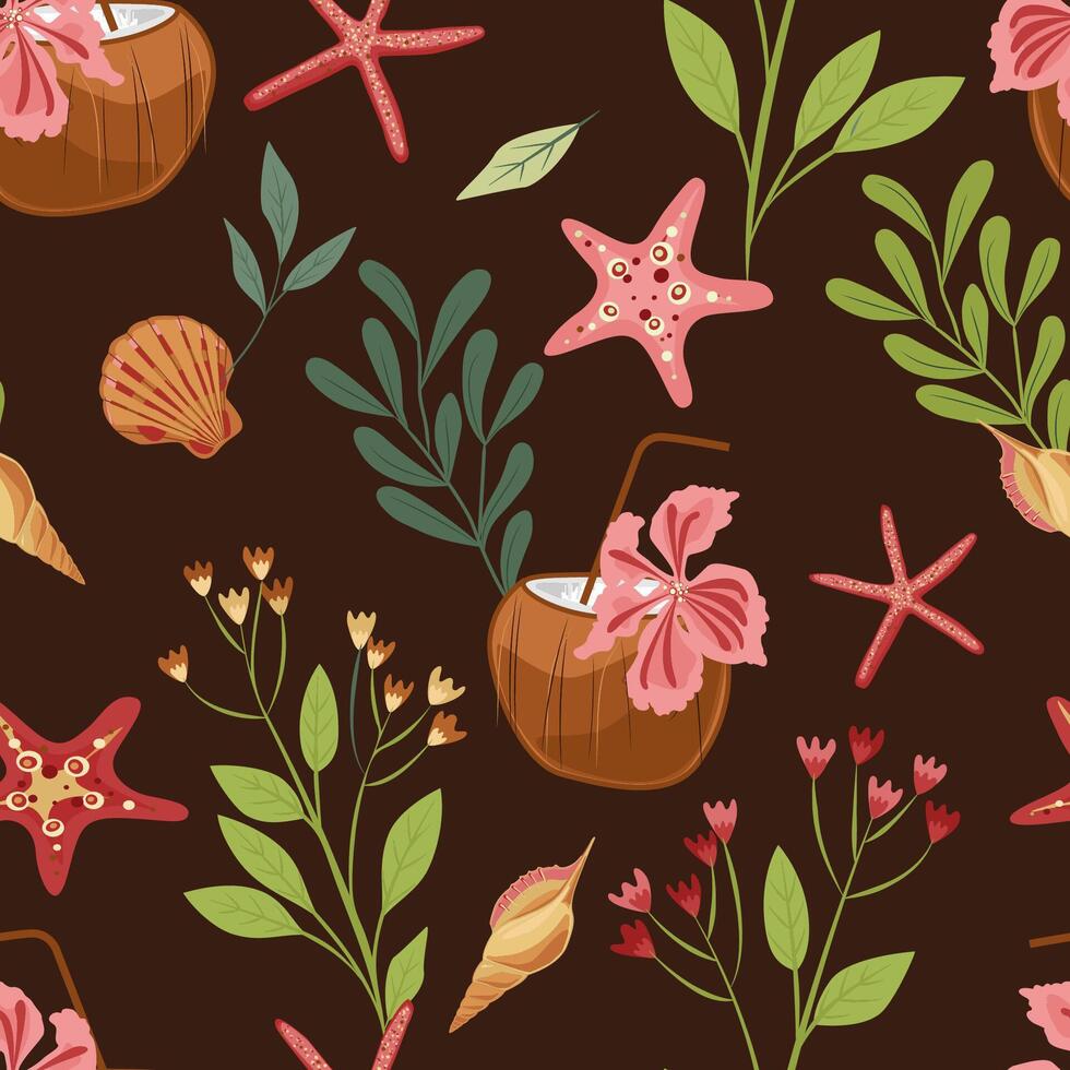 Summer seamless pattern with shells, seaweeds on pink background. Perfect for wrapping paper. vector