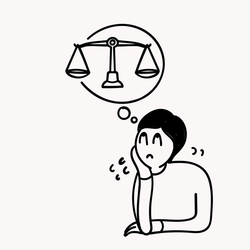 hand drawn doodle person think about weight scale balance vector
