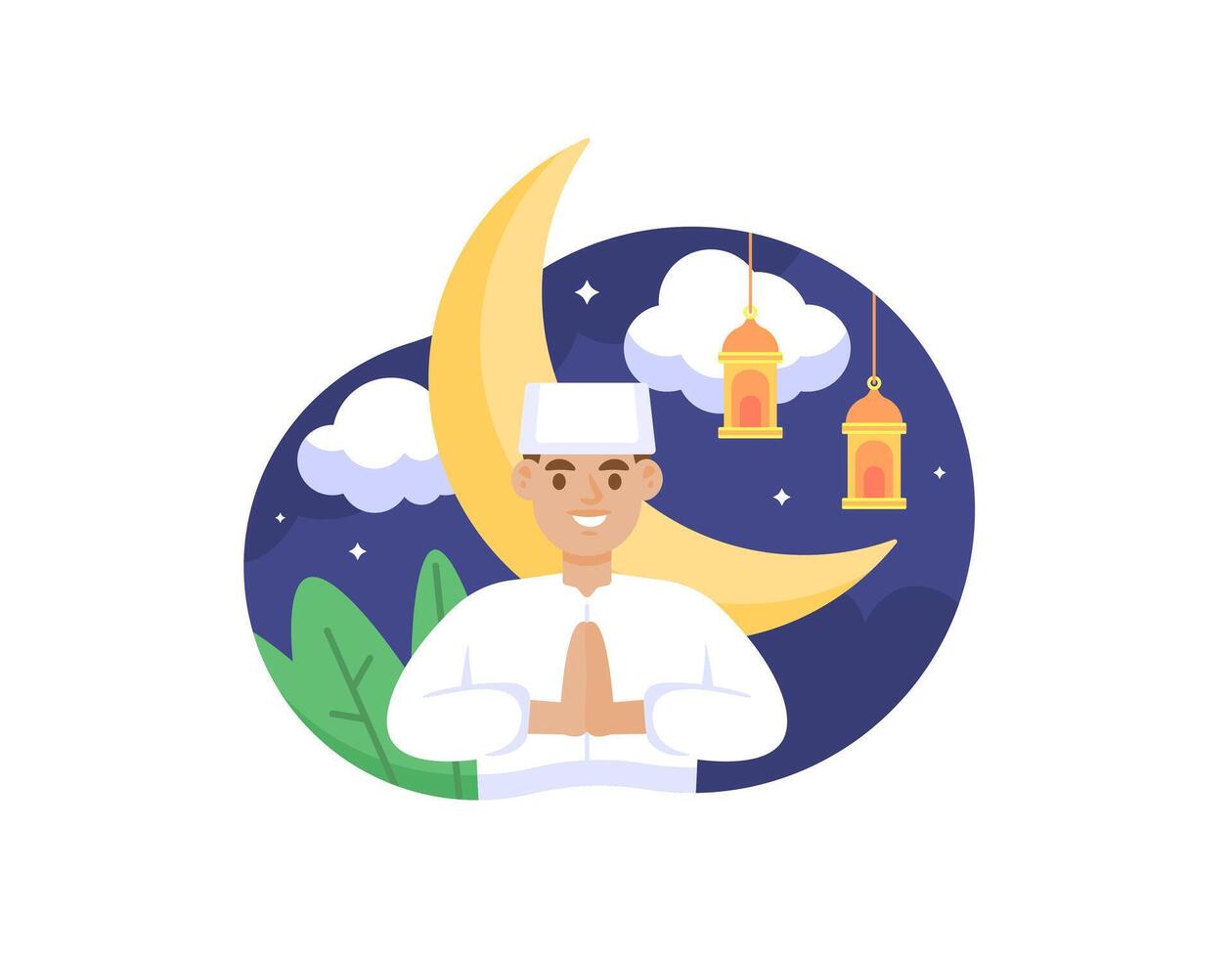 ilustración de un musulmán hombre es posando en saludo. saludado y sonrió. noche ajuste con creciente Luna y linterna. ilustración de Ramadán tema concepto diseño, eid al fitr, eid al adha, islam vector