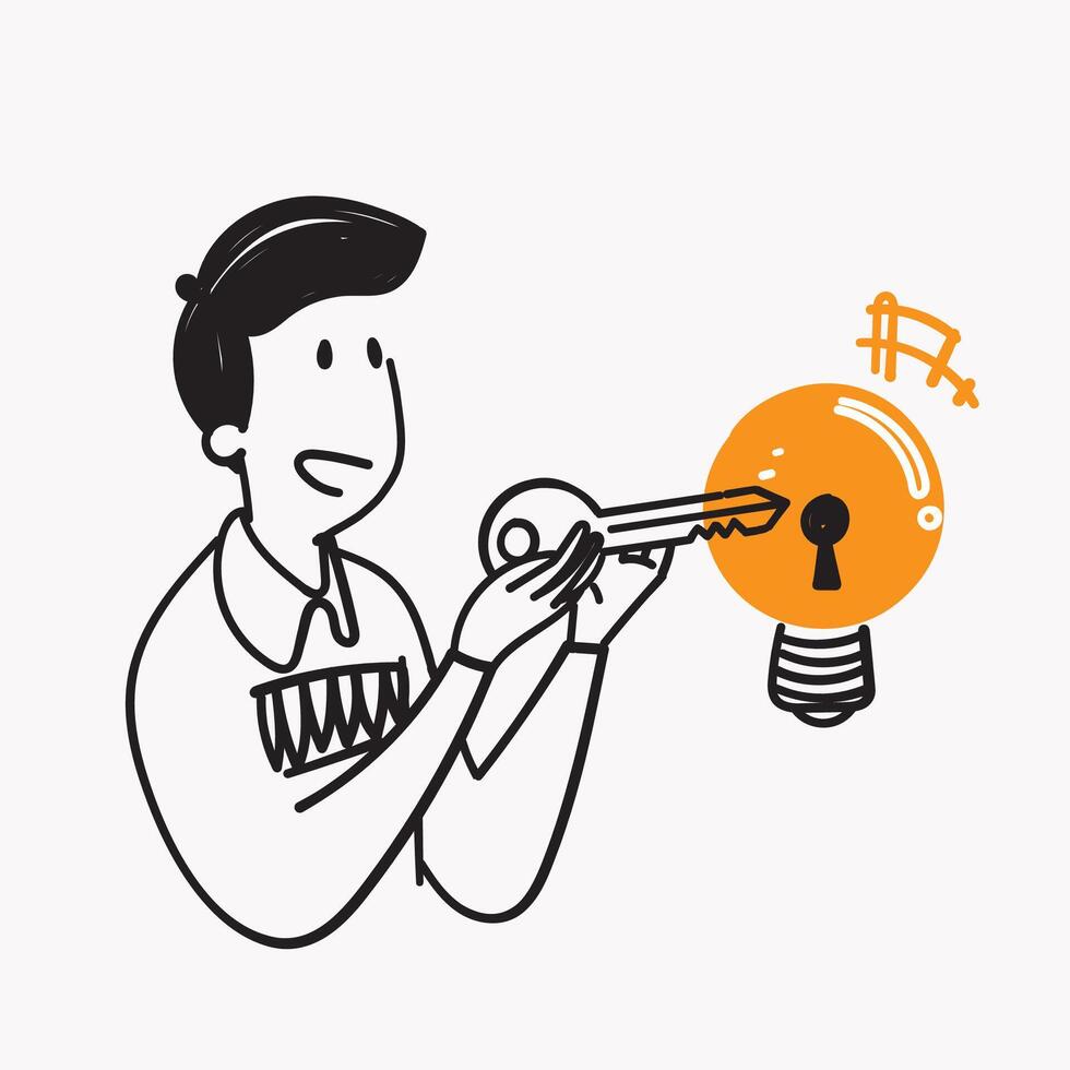 hand drawn doodle open light bulb with key symbol for key idea illustration vector