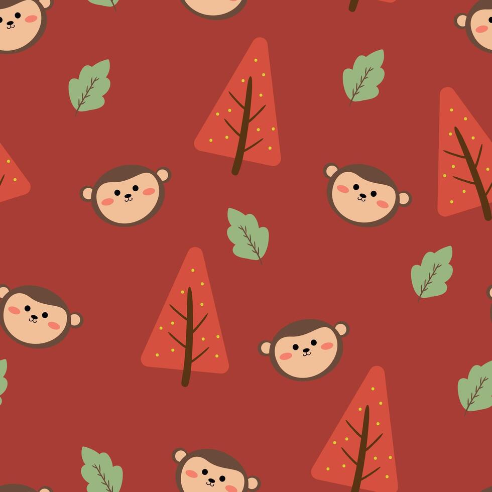 sin costura modelo antecedentes de linda dibujos animados monos y arboles linda fondo de pantalla para regalo envase papel, textil, vistoso vector para niños, plano estilo