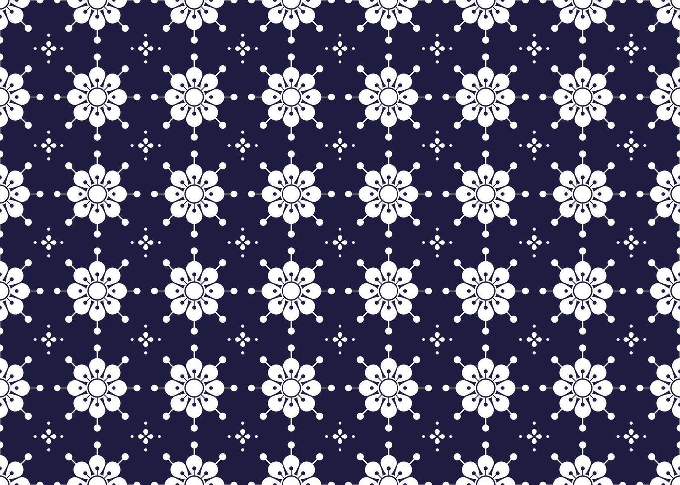 Symbol geometric white flowers design on dark blue background seamless fabric ethnic pattern for cloth carpet wallpaper wrapping etc. vector