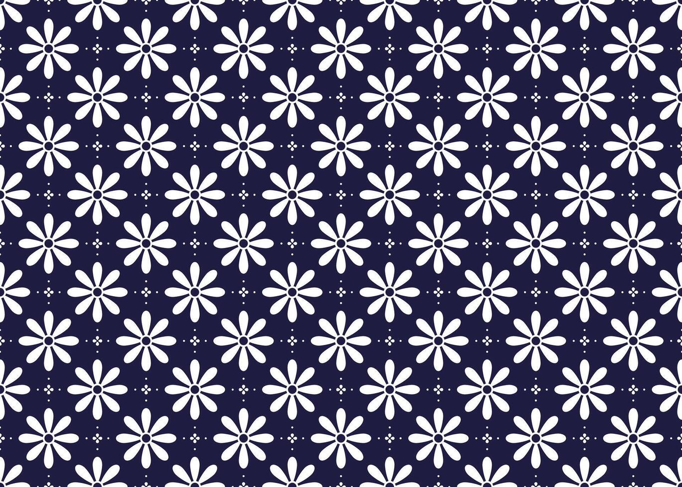 Symbol geometric white flowers design on dark blue background seamless fabric ethnic pattern for cloth carpet wallpaper wrapping etc. vector