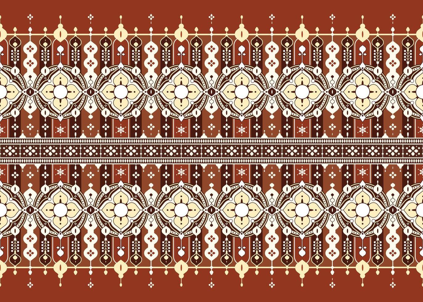 geometric flowers design on red brown background ethnic fabric seamless pattern for cloth carpet wallpaper wrapping etc. vector