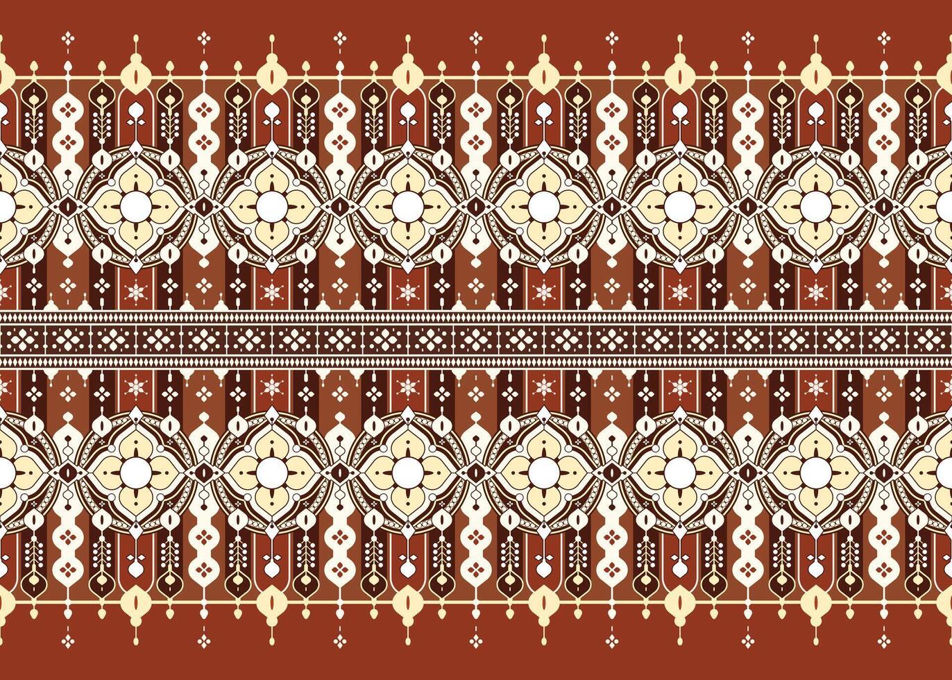 geometric flowers design on red brown background ethnic fabric seamless pattern for cloth carpet wallpaper wrapping etc. vector