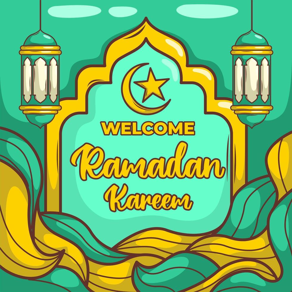 Ramadan Kareem with cartoon Islamic Illustration ornament vector