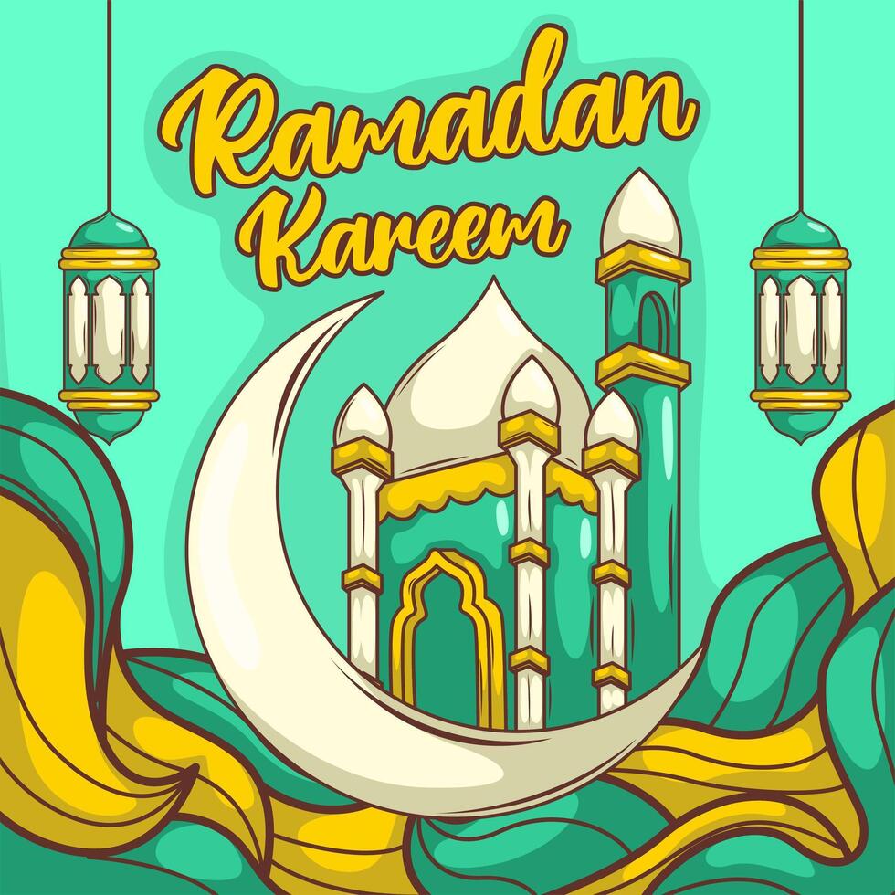 Ramadan Kareem with cartoon Islamic Illustration ornament vector