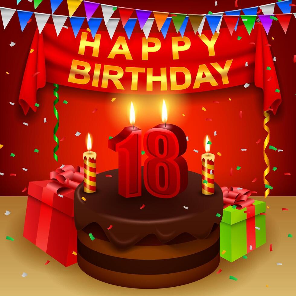 contento 18 cumpleaños con chocolate crema pastel y triangular bandera, vector ilustración