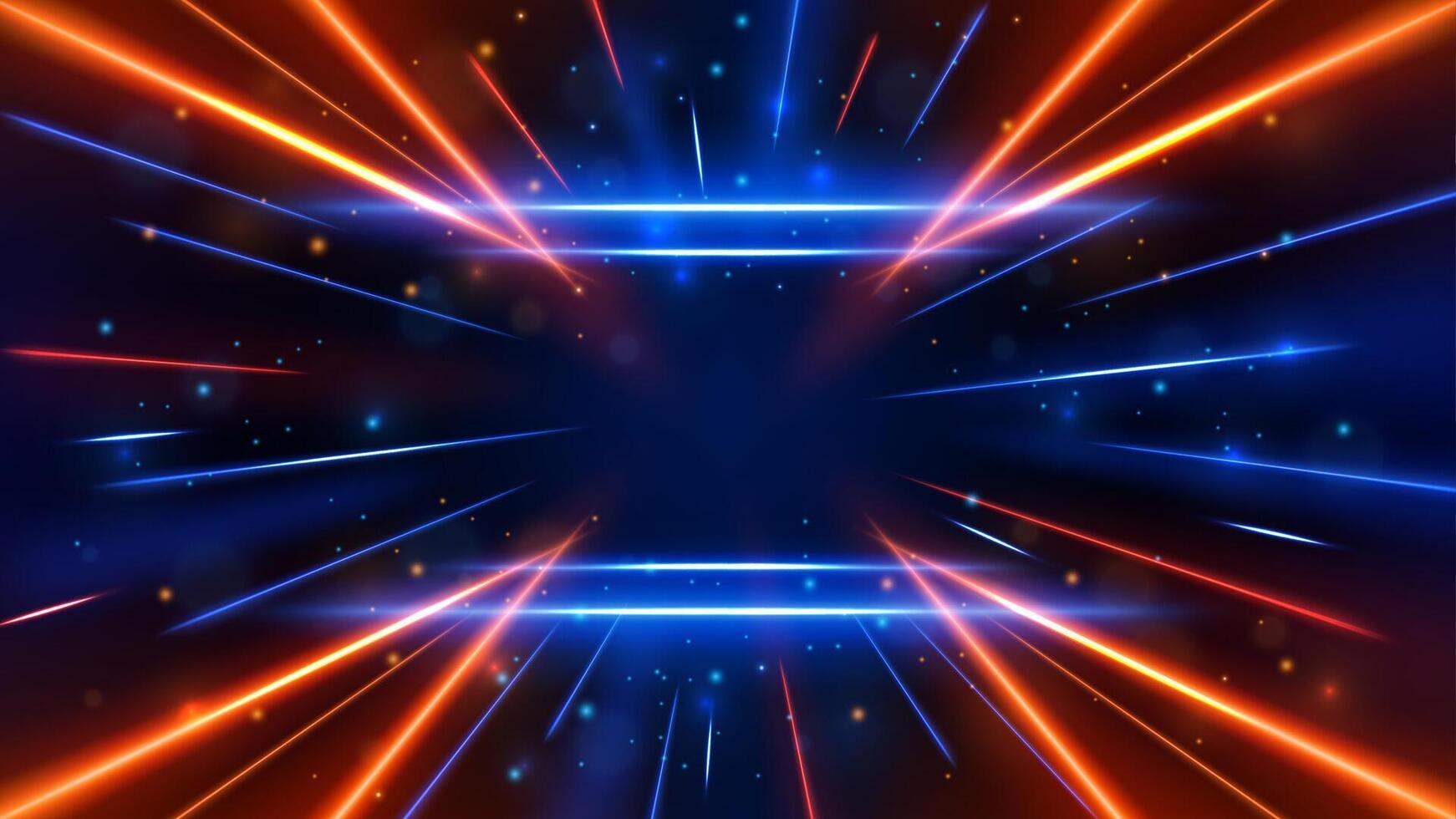 Perspective Glowing Blue and Orange Light Lines with Speed Motion Blur Effect on Dark Background, Vector Illustration