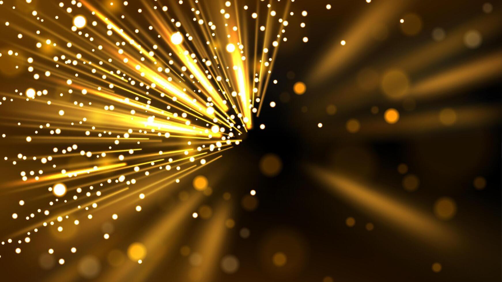 desenfocado oro rayos de ligero con volador partículas en oscuro fondo, vector ilustración