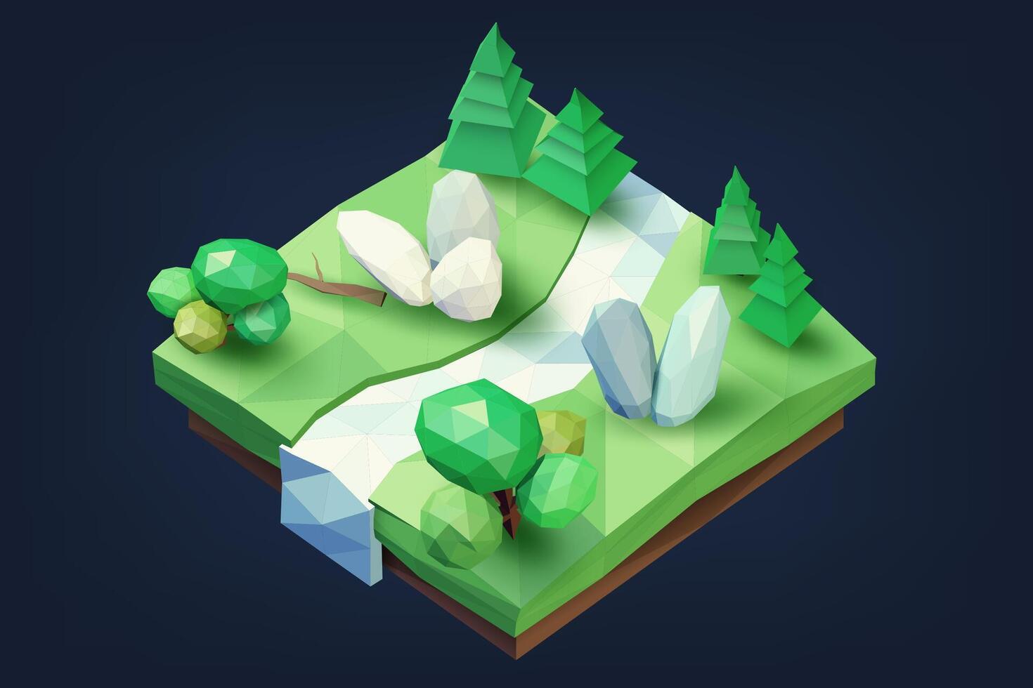 Low Poly Geometric Forest, Tree, River, and Rock Low Polygonal Style, Suitable For Banner, Poster, Flyer, Cover, Brochure, Vector Illustration