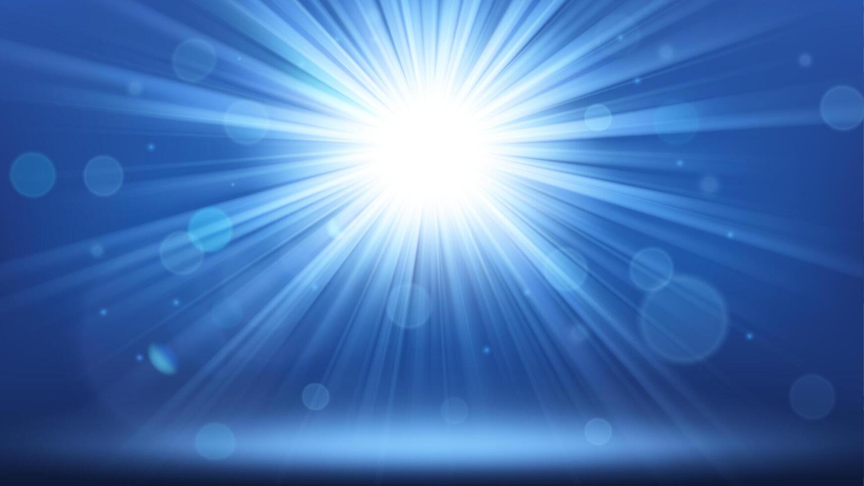blanco luces brillante con lente llamarada y volador partículas en azul fondo, vector ilustración