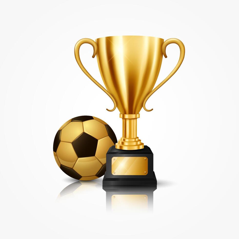 Realistic Golden Trophy with Soccer Ball, Isolated on White Background, Vector Illustration