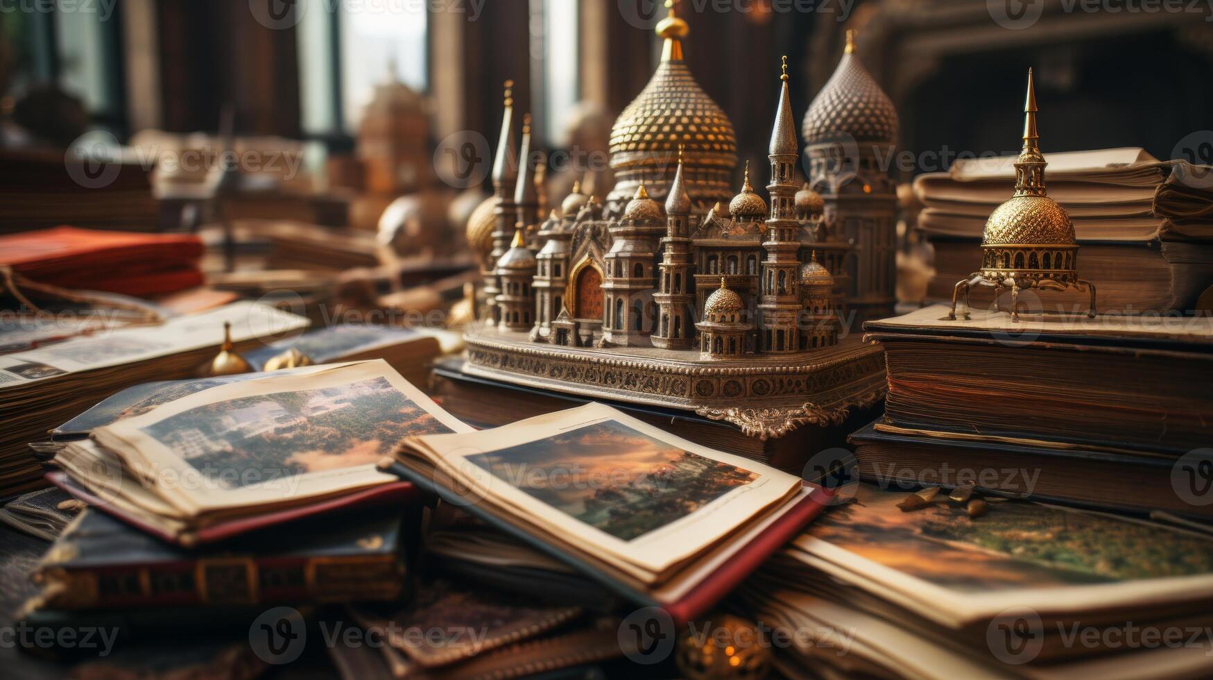 AI generated Close up book pages with images of different cultures, blurred background, copy space available photo