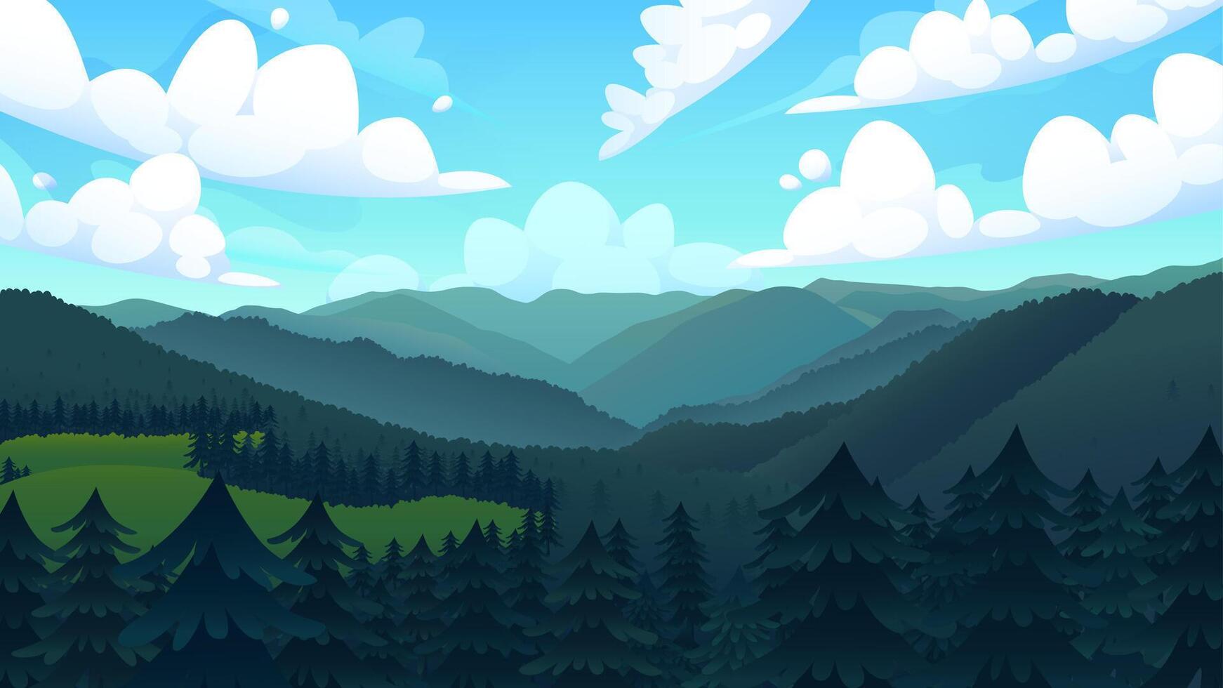 Pine Tree Forest with The Misty Mountains Behind, Vector Wallpaper, Vector Illustration