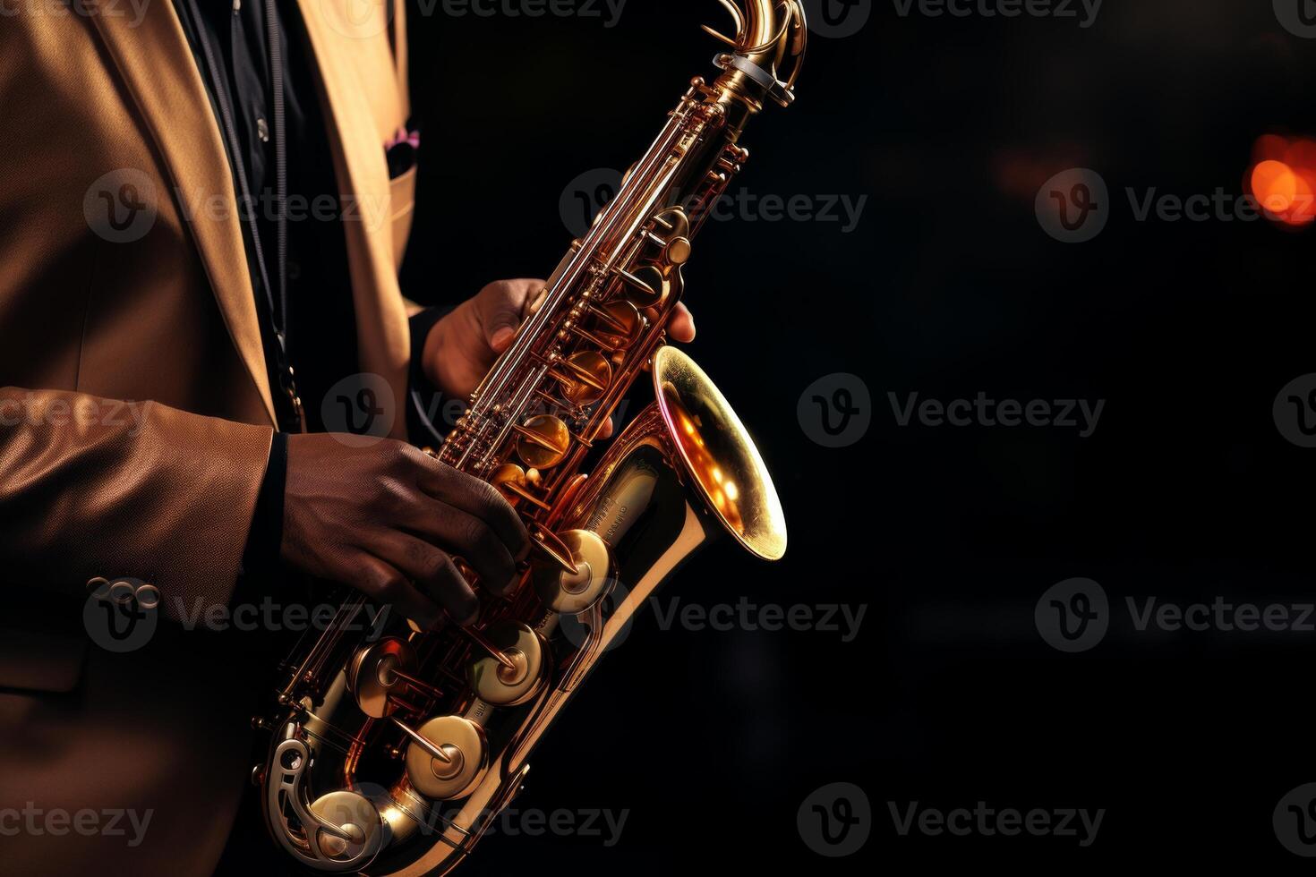 AI generated Close-up of saxophonist playing saxophone at world jazz festival, musician performing on stage photo