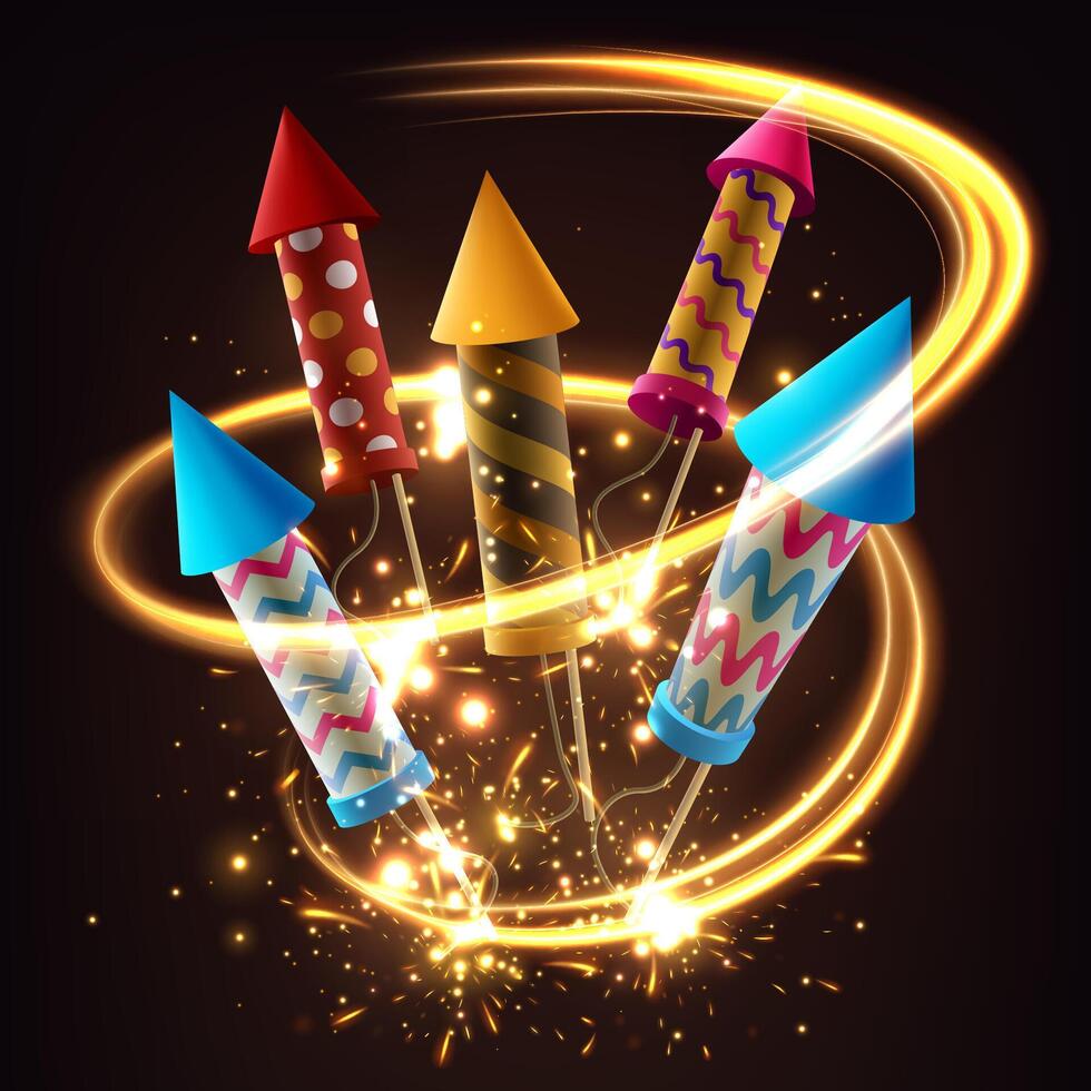 Realistic Firecrackers with Light Explosive Effect, Firework Rockets with Sparkling Fireworks Explosions, Vector Illustration