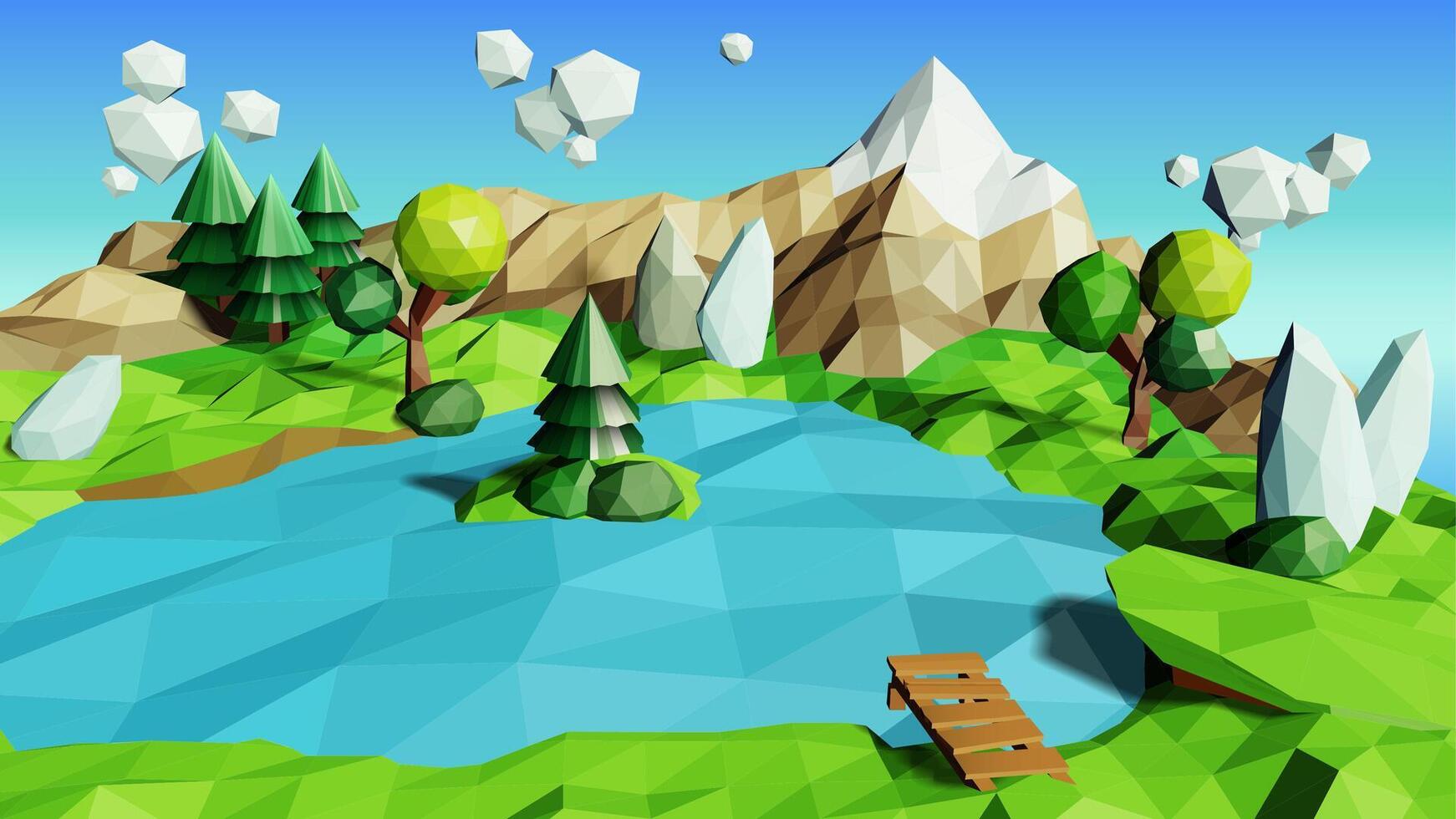Low Poly Nature Scenery, Low Polygonal Style, Suitable for Banner, Poster, Flyer, Cover, Brochure. Widescreen Vector Illustration