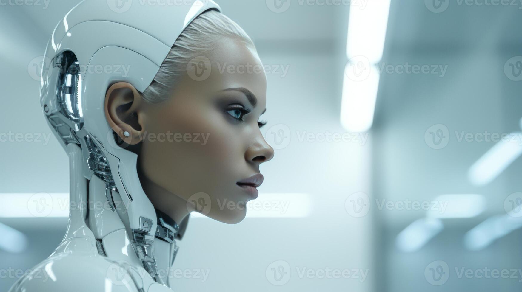 AI generated Futuristic woman with cybernetic ai limb gazing into the distance on blurred background photo
