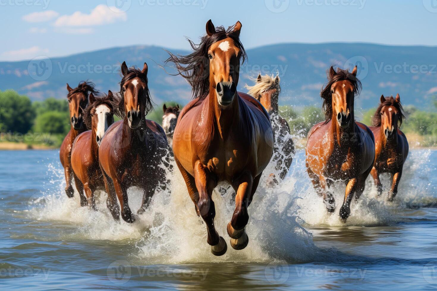 AI generated Beautiful herd of horses running across the river with ample space for text and captions photo
