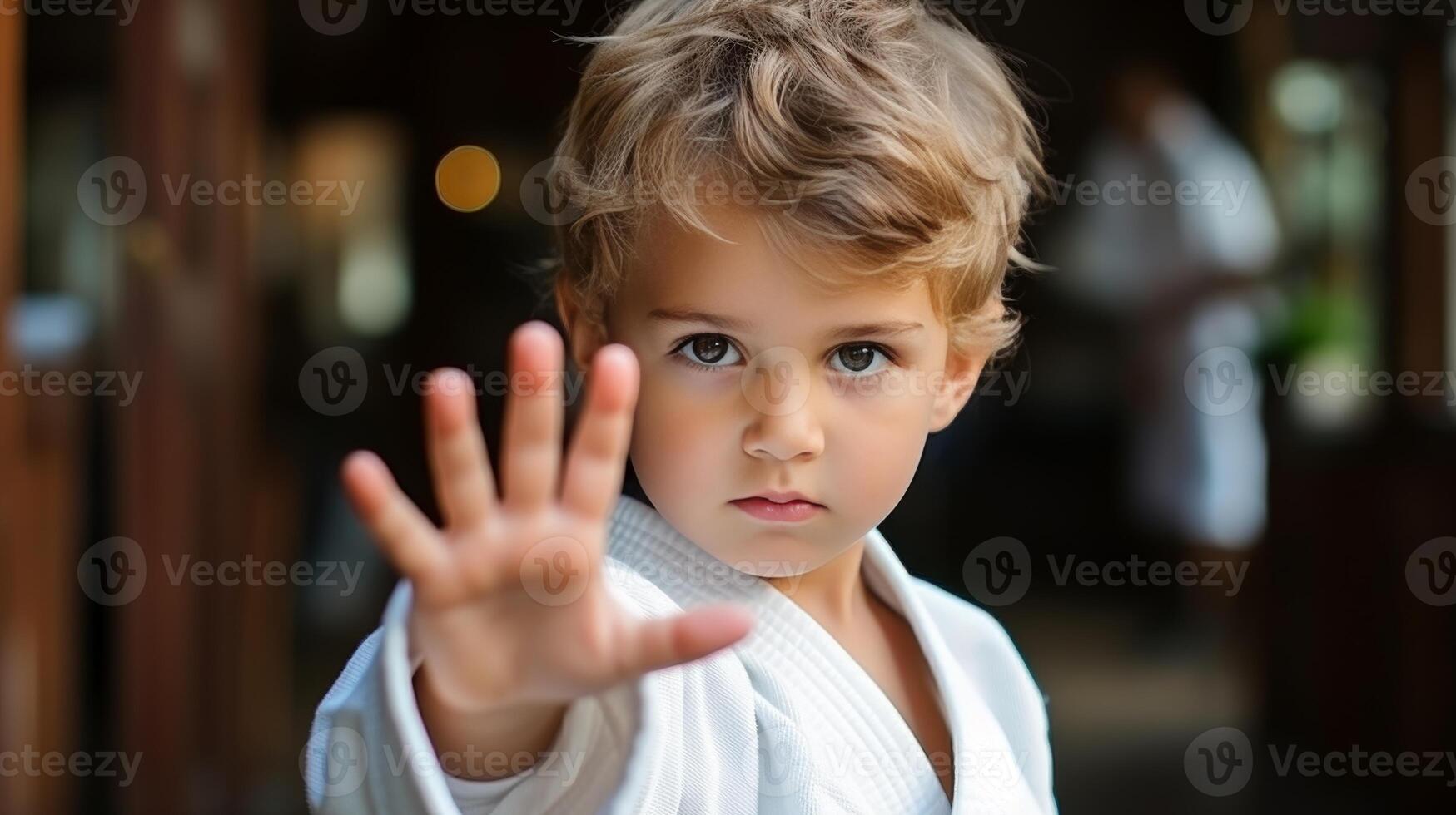 AI generated Young boy in traditional white kimono practices jiu-jitsu, demonstrating a powerful punch technique photo