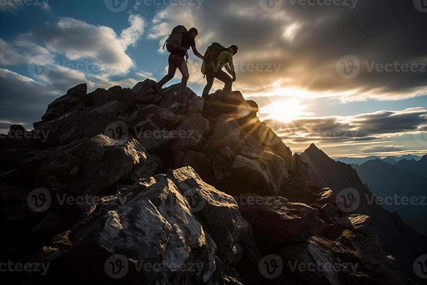 AI generated Hiker extending a helping hand to guide friend towards the majestic summit of the mountain peak photo