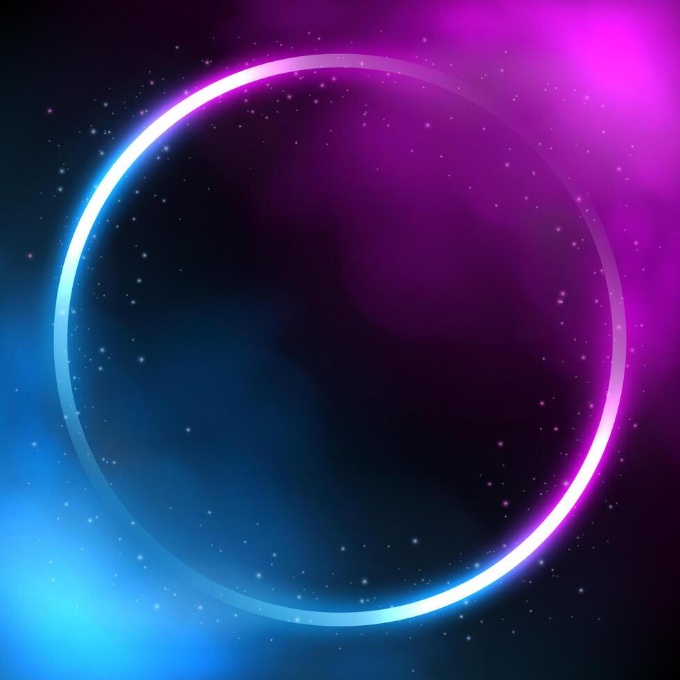 Glowing Circle Neon Lighting Frame, Futuristic Background with Smoke, Vector Illustration