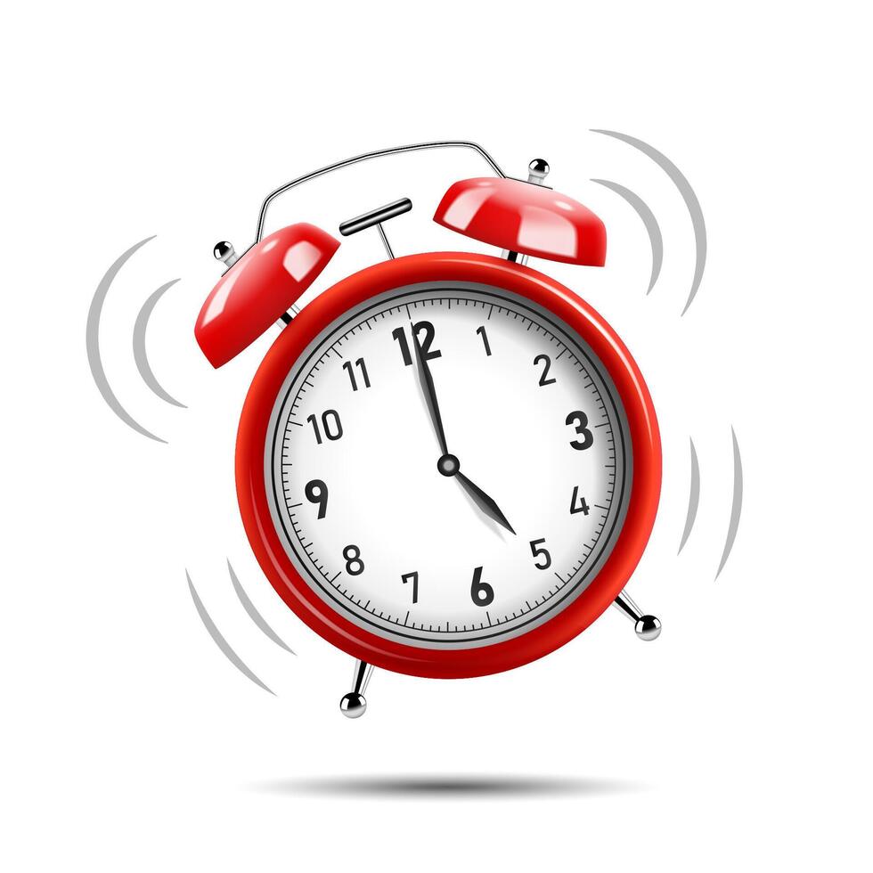 Realistic Red Alarm Clock Ringing, Isolated on White Background, Vector Illustration