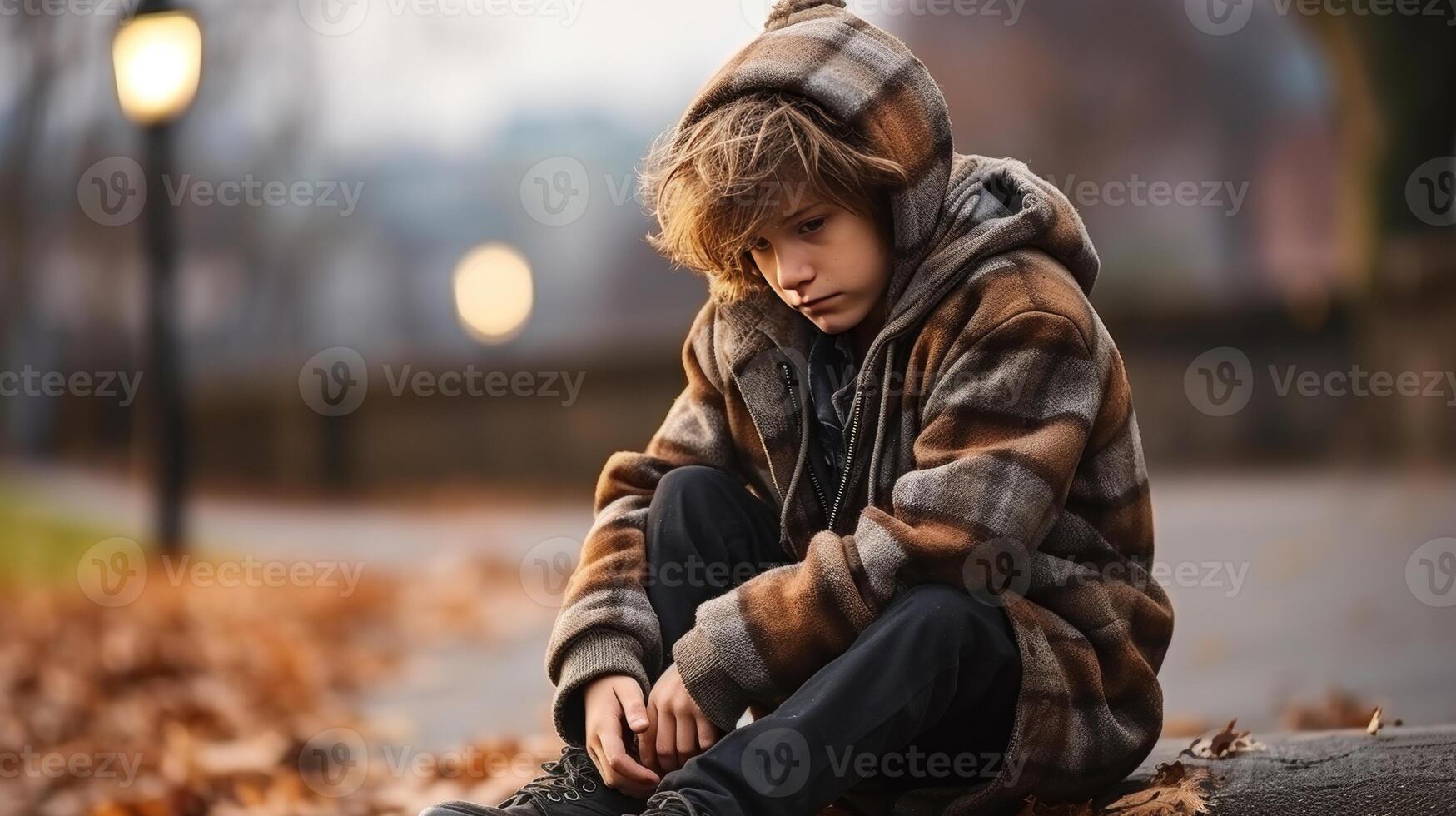 AI generated Sad crestfallen child boy crying at the schoolyard with blurred background and copy space photo