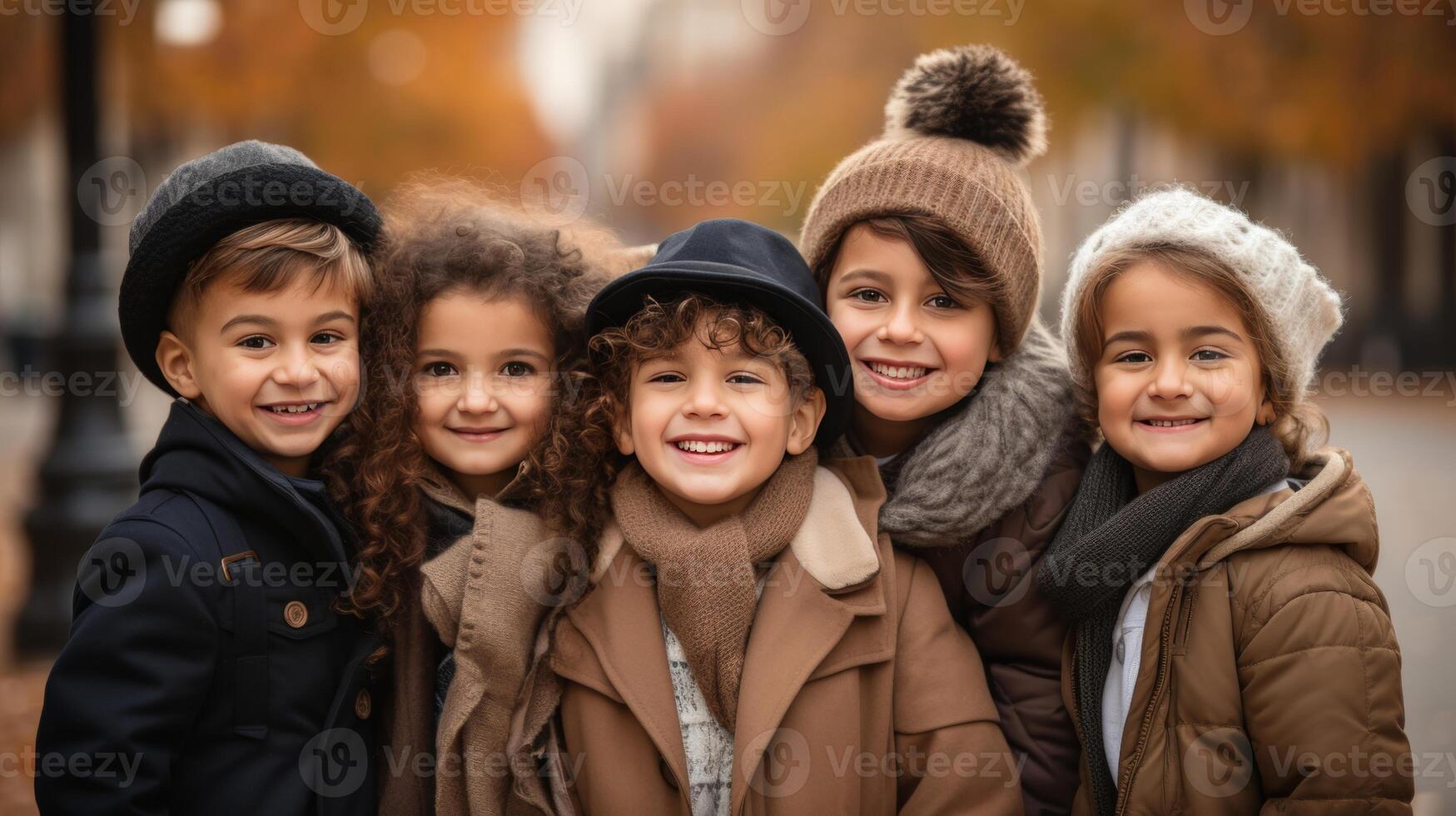 AI generated Diverse children hugging in park, wide shot with blurred background and copy space photo