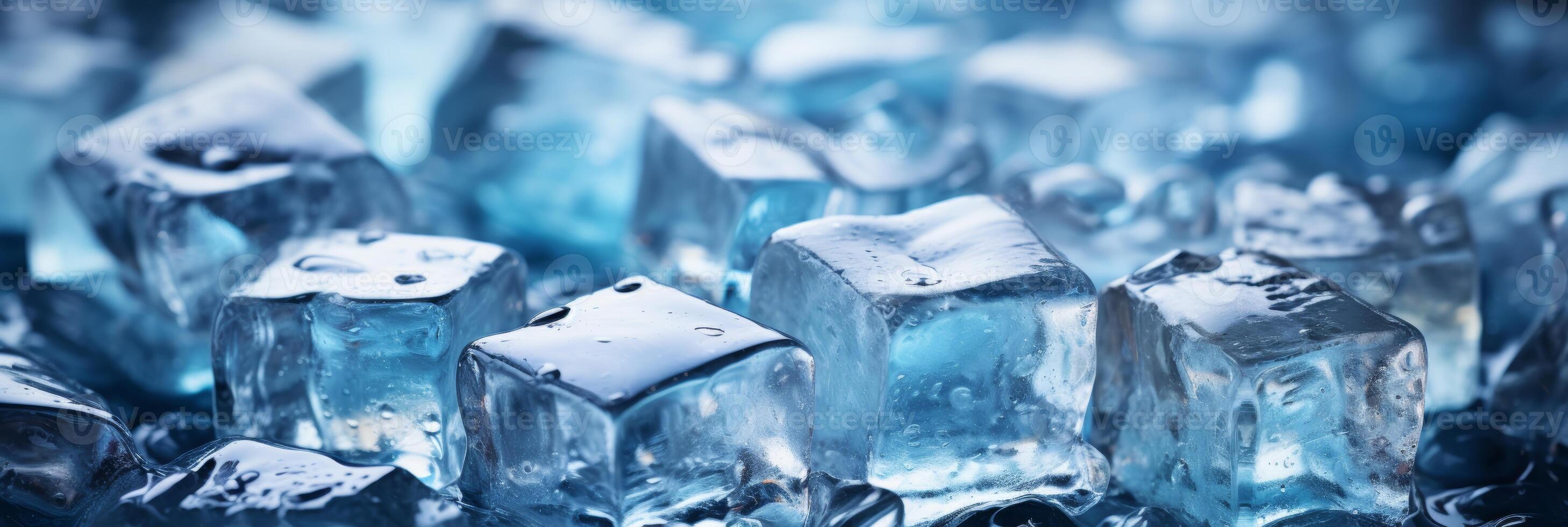 AI generated Banner of ice cubes on blurred background, ideal for adding custom text or branding elements photo