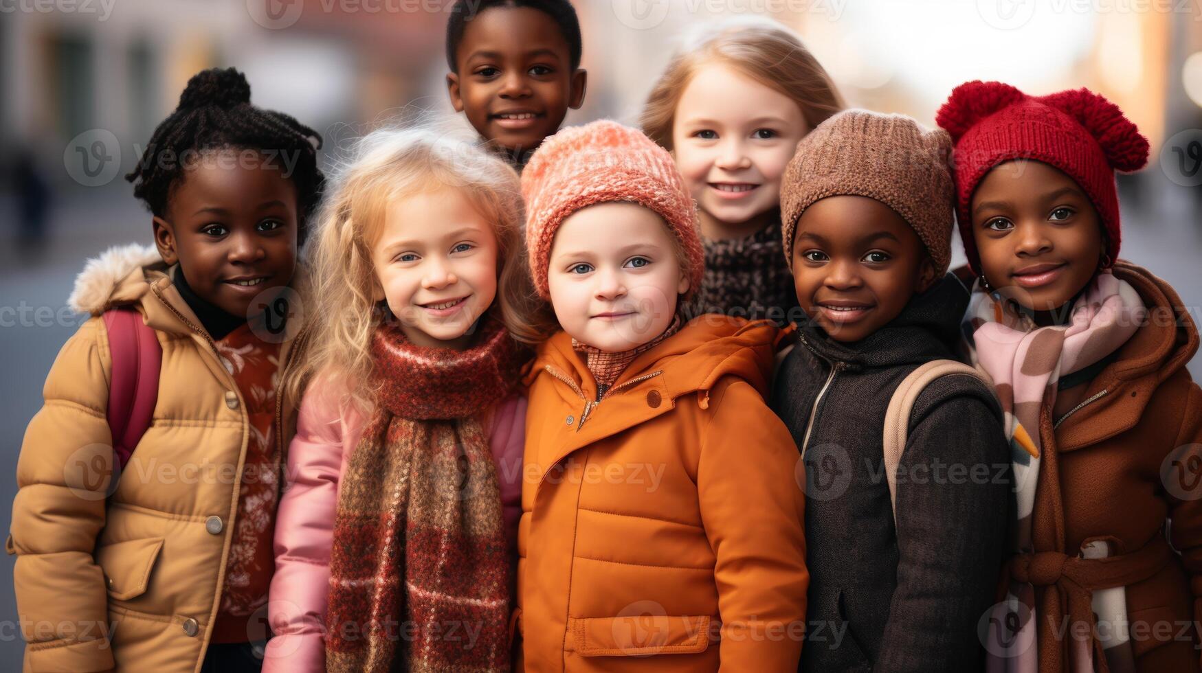 AI generated Diverse group of multiethnic children standing together and smiling at the camera in unity photo