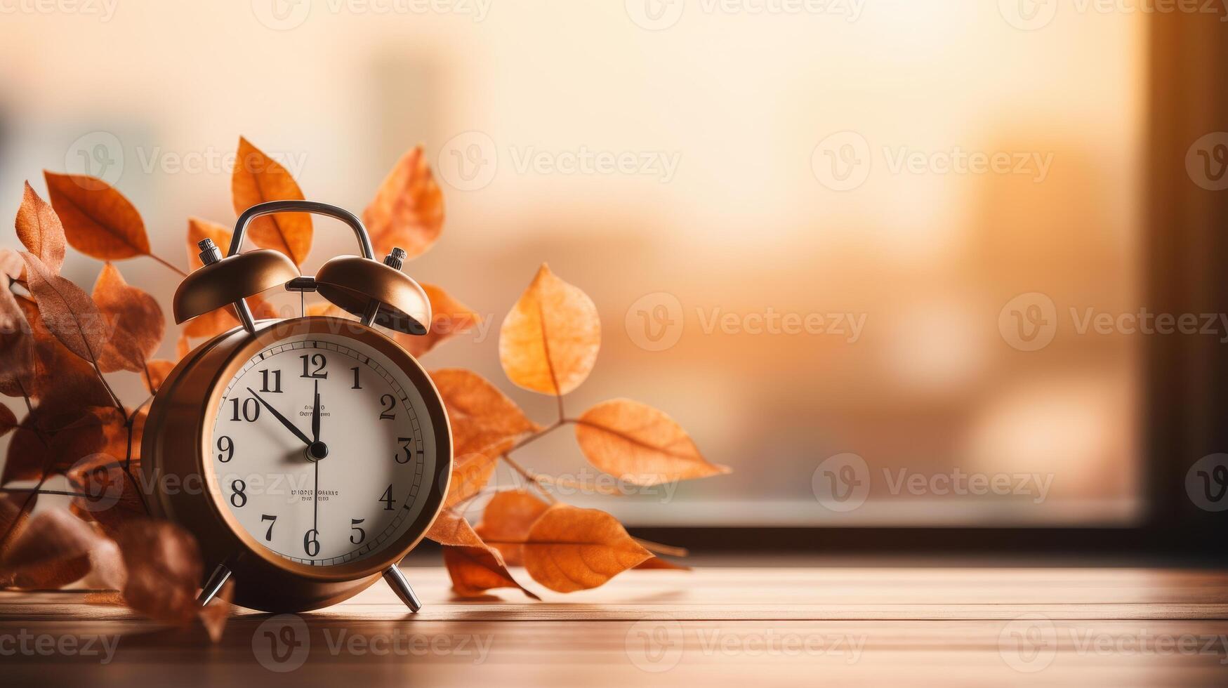 AI generated Daylight saving time. Alarm clock and autumn leaves on wooden table. Fall season change concept photo