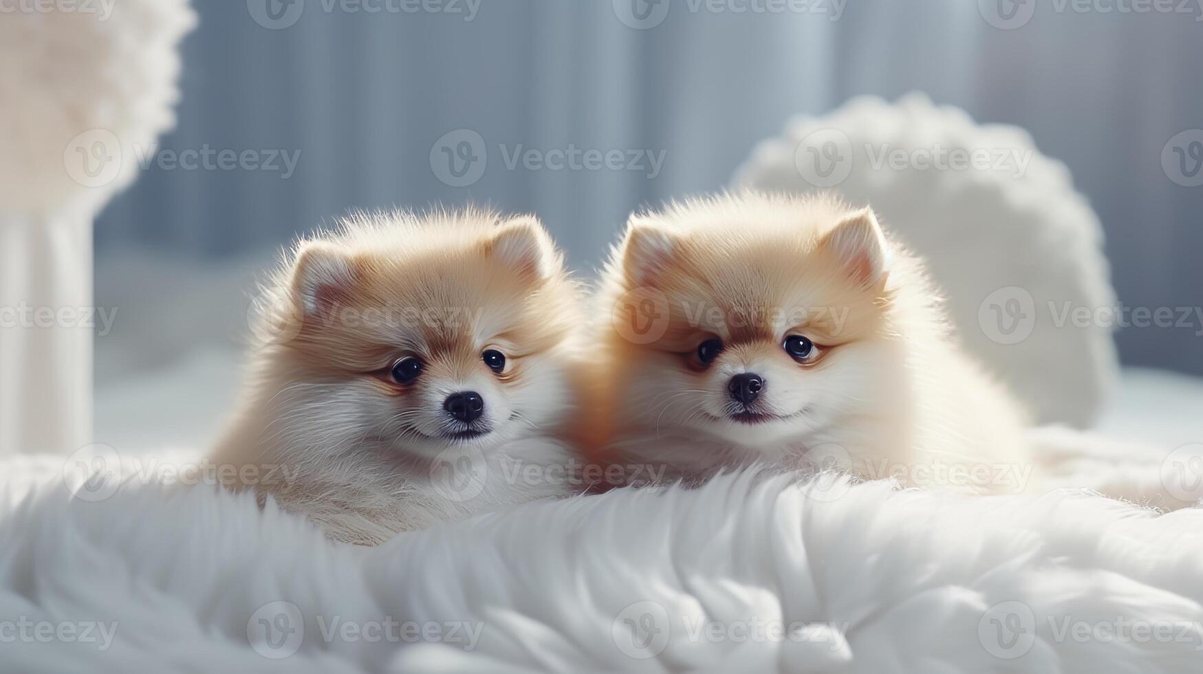 AI generated Cute pomeranian spitz dog with fluffy fur and adorable expression, blank space for text in image photo