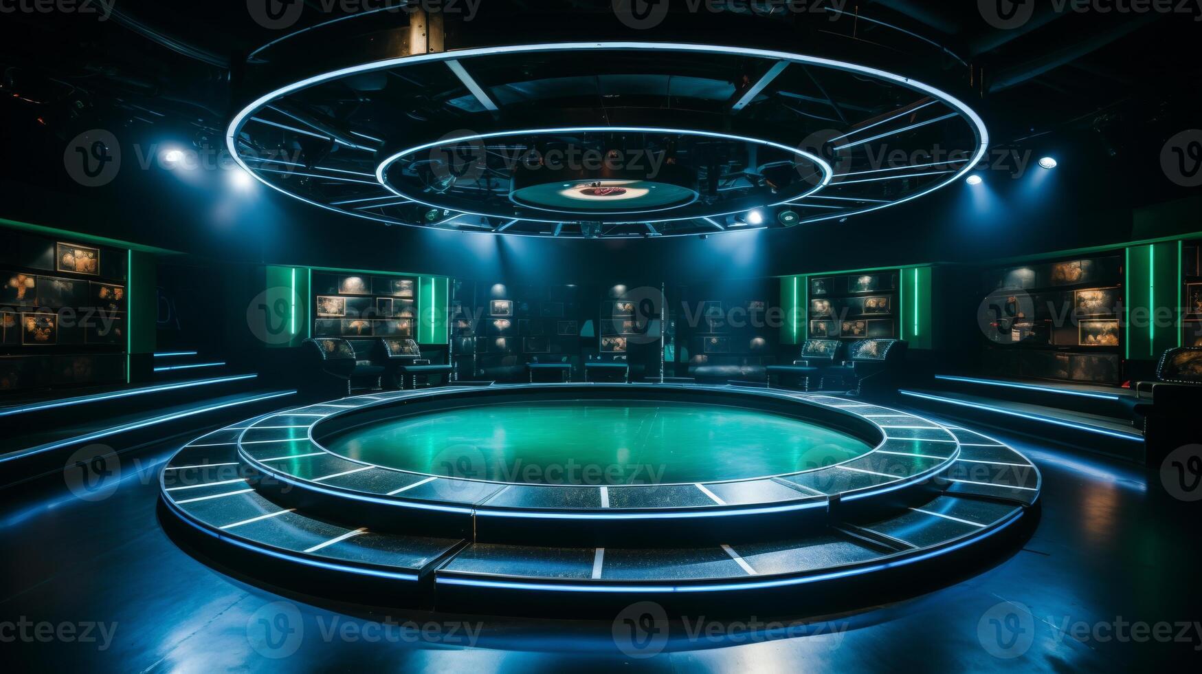 AI generated Modern dance stage lighting performance show cool blue green color entertaiment spotlight illuminate photo