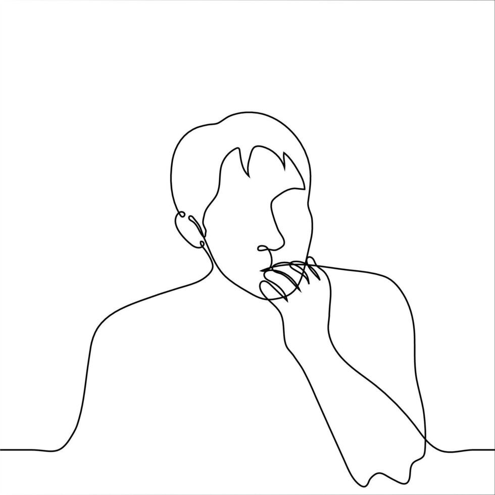 man put the pads of his fingers on his lips - one line drawing. face of a guy with a hand on his mouth. the concept of confusion,  indecision, perplexity, doubt vector